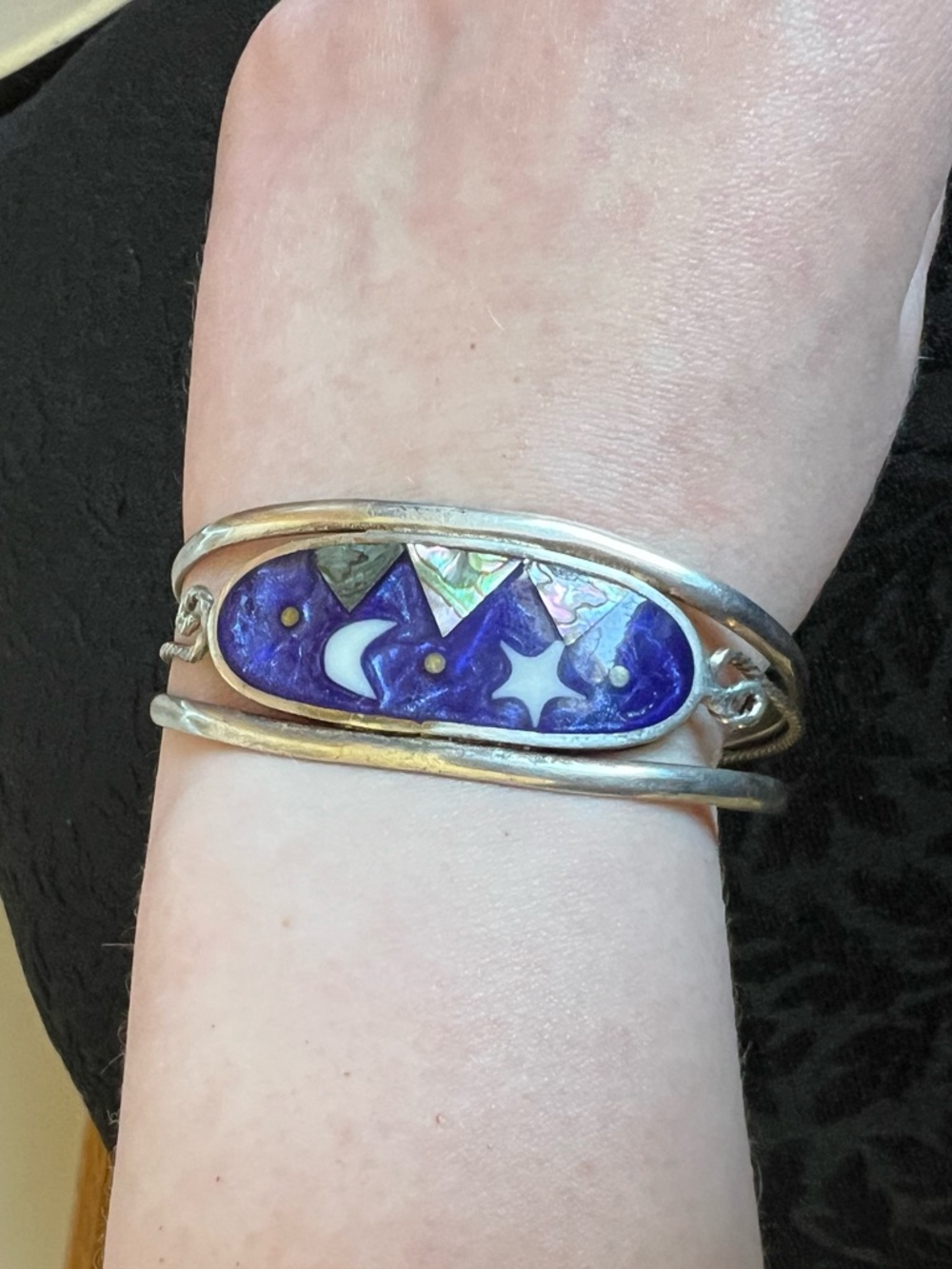 Vintage Sterling Silver Moon & Star Inlay Cuff Bracelet - Picture 2 of 3